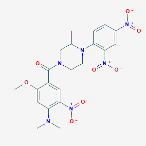 molecular formula C21H24N6O8 B413290 1-{2,4-Bisnitrophenyl}-4-{4-(dimethylamino)-5-nitro-2-methoxybenzoyl}-2-methylpiperazine 
