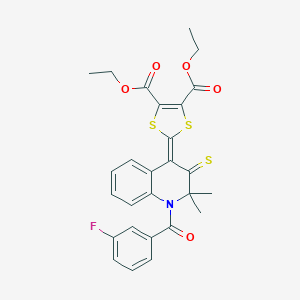 molecular formula C27H24FNO5S3 B413306 diethyl 2-(1-(3-fluorobenzoyl)-2,2-dimethyl-3-thioxo-2,3-dihydro-4(1H)-quinolinylidene)-1,3-dithiole-4,5-dicarboxylate 