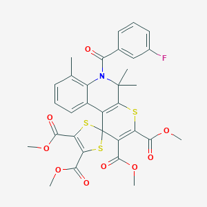 molecular formula C32H28FNO9S3 B413309 Tetramethyl 6'-[(3-fluorophenyl)carbonyl]-5',5',7'-trimethyl-5',6'-dihydrospiro[1,3-dithiole-2,1'-thiopyrano[2,3-c]quinoline]-2',3',4,5-tetracarboxylate 