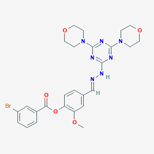 molecular formula C26H28BrN7O5 B413336 4-{(E)-[(4,6-dimorpholin-4-yl-1,3,5-triazin-2-yl)hydrazono]methyl}-2-methoxyphenyl 3-bromobenzoate 