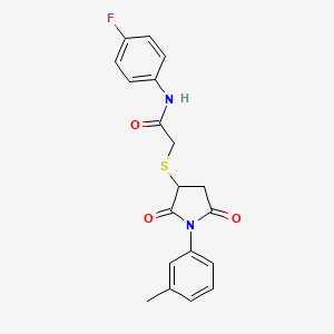 molecular formula C19H17FN2O3S B4133498 N-(4-fluorophenyl)-2-{[1-(3-methylphenyl)-2,5-dioxo-3-pyrrolidinyl]thio}acetamide 