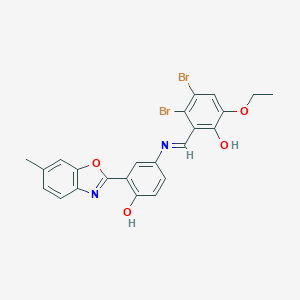 molecular formula C23H18Br2N2O4 B413378 3,4-Dibromo-6-ethoxy-2-({[4-hydroxy-3-(6-methyl-1,3-benzoxazol-2-yl)phenyl]imino}methyl)phenol 