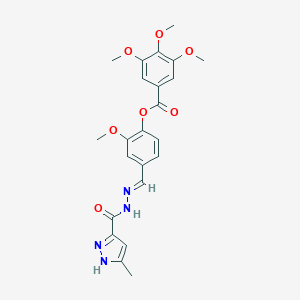 molecular formula C23H24N4O7 B413391 2-methoxy-4-[(E)-{2-[(3-methyl-1H-pyrazol-5-yl)carbonyl]hydrazinylidene}methyl]phenyl 3,4,5-trimethoxybenzoate 
