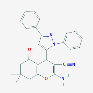 molecular formula C27H24N4O2 B413396 2-amino-4-(1,3-diphenyl-1H-pyrazol-5-yl)-7,7-dimethyl-5-oxo-5,6,7,8-tetrahydro-4H-chromene-3-carbonitrile 