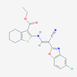 molecular formula C21H18ClN3O3S B413403 Ethyl 2-{[2-(5-chloro-1,3-benzoxazol-2-yl)-2-cyanovinyl]amino}-4,5,6,7-tetrahydro-1-benzothiophene-3-carboxylate 