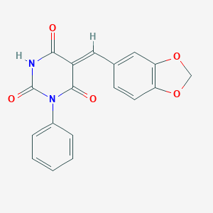 molecular formula C18H12N2O5 B413432 5-(1,3-benzodioxol-5-ylmethylene)-1-phenyl-2,4,6(1H,3H,5H)-pyrimidinetrione 