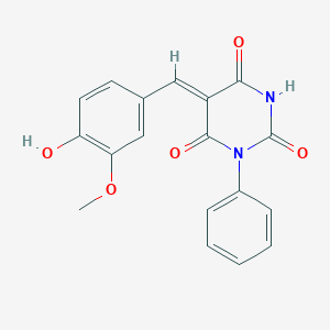 molecular formula C18H14N2O5 B413434 5-(4-hydroxy-3-methoxybenzylidene)-1-phenyl-2,4,6(1H,3H,5H)-pyrimidinetrione 