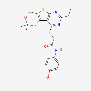 molecular formula C22H25N3O3S2 B4134382 2-[(2-ethyl-6,6-dimethyl-5,8-dihydro-6H-pyrano[4',3':4,5]thieno[2,3-d]pyrimidin-4-yl)thio]-N-(4-methoxyphenyl)acetamide 