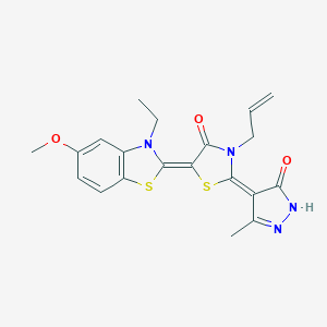 molecular formula C20H20N4O3S2 B413444 3-allyl-5-(3-ethyl-5-methoxy-1,3-benzothiazol-2(3H)-ylidene)-2-(3-methyl-5-oxo-1,5-dihydro-4H-pyrazol-4-ylidene)-1,3-thiazolidin-4-one 