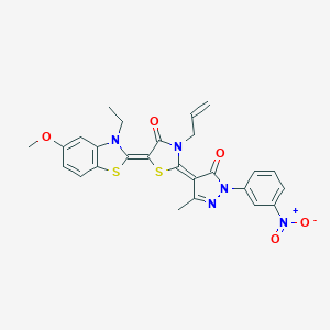 molecular formula C26H23N5O5S2 B413453 (2E,5Z)-5-(3-ethyl-5-methoxy-1,3-benzothiazol-2(3H)-ylidene)-2-[3-methyl-1-(3-nitrophenyl)-5-oxo-1,5-dihydro-4H-pyrazol-4-ylidene]-3-(prop-2-en-1-yl)-1,3-thiazolidin-4-one 