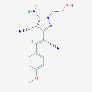 molecular formula C16H15N5O2 B413469 5-amino-3-[1-cyano-2-(4-methoxyphenyl)vinyl]-1-(2-hydroxyethyl)-1H-pyrazole-4-carbonitrile 
