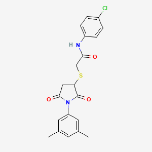 molecular formula C20H19ClN2O3S B4134724 N-(4-chlorophenyl)-2-{[1-(3,5-dimethylphenyl)-2,5-dioxo-3-pyrrolidinyl]thio}acetamide 