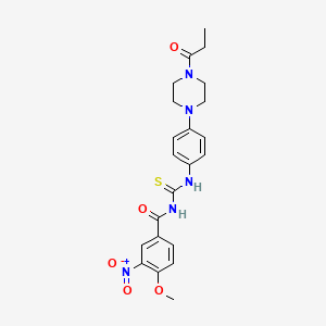 molecular formula C22H25N5O5S B4134799 4-methoxy-3-nitro-N-({[4-(4-propionyl-1-piperazinyl)phenyl]amino}carbonothioyl)benzamide 