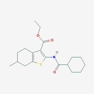 molecular formula C19H27NO3S B413536 Ethyl 2-[(cyclohexylcarbonyl)amino]-6-methyl-4,5,6,7-tetrahydro-1-benzothiophene-3-carboxylate CAS No. 308299-18-5