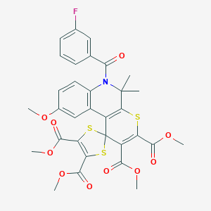 molecular formula C32H28FNO10S3 B413561 Tetramethyl 6'-[(3-fluorophenyl)carbonyl]-9'-methoxy-5',5'-dimethyl-5',6'-dihydrospiro[1,3-dithiole-2,1'-thiopyrano[2,3-c]quinoline]-2',3',4,5-tetracarboxylate 