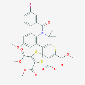 molecular formula C32H28FNO10S3 B413561 tetramethyl 6'-(3-fluorobenzoyl)-9'-methoxy-5',5'-dimethyl-5',6'-dihydrospiro(1,3-dithiole-2,1'-[1'H]-thiopyrano[2,3-c]quinoline)-2',3',4,5-tetracarboxylate 