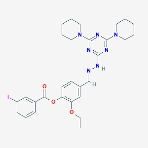 molecular formula C29H34IN7O3 B413572 4-[(E)-{2-[4,6-Bis(piperidin-1-YL)-1,3,5-triazin-2-YL]hydrazin-1-ylidene}methyl]-2-ethoxyphenyl 3-iodobenzoate 