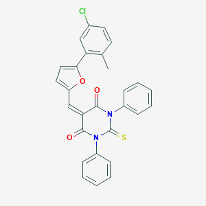 molecular formula C28H19ClN2O3S B413579 5-{[5-(5-chloro-2-methylphenyl)-2-furyl]methylene}-1,3-diphenyl-2-thioxodihydro-4,6(1H,5H)-pyrimidinedione 