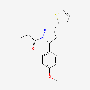 molecular formula C17H18N2O2S B4135933 5-(4-methoxyphenyl)-1-propionyl-3-(2-thienyl)-4,5-dihydro-1H-pyrazole 