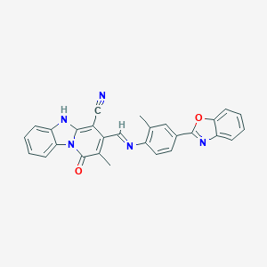 molecular formula C28H19N5O2 B413640 3-({[4-(1,3-Benzoxazol-2-yl)-2-methylphenyl]imino}methyl)-1-hydroxy-2-methylpyrido[1,2-a]benzimidazole-4-carbonitrile 