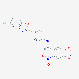 molecular formula C21H12ClN3O5 B413645 5-Chloro-2-{4-[({6-nitro-1,3-benzodioxol-5-yl}methylene)amino]phenyl}-1,3-benzoxazole 
