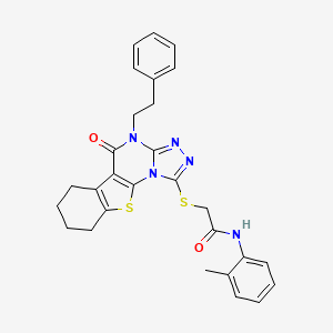 molecular formula C28H27N5O2S2 B4136558 N-(2-methylphenyl)-2-{[5-oxo-4-(2-phenylethyl)-4,5,6,7,8,9-hexahydro[1]benzothieno[3,2-e][1,2,4]triazolo[4,3-a]pyrimidin-1-yl]thio}acetamide 