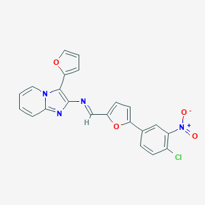 molecular formula C22H13ClN4O4 B413697 2-{[(5-{4-Chloro-3-nitrophenyl}-2-furyl)methylene]amino}-3-(2-furyl)imidazo[1,2-a]pyridine 