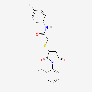 molecular formula C20H19FN2O3S B4137558 2-{[1-(2-ethylphenyl)-2,5-dioxo-3-pyrrolidinyl]thio}-N-(4-fluorophenyl)acetamide 