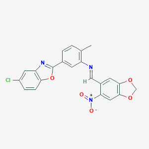 molecular formula C22H14ClN3O5 B413758 5-Chloro-2-{3-[({6-nitro-1,3-benzodioxol-5-yl}methylene)amino]-4-methylphenyl}-1,3-benzoxazole 