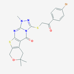 molecular formula C21H19BrN4O3S2 B413770 3-{[2-(4-bromophenyl)-2-oxoethyl]sulfanyl}-1,7,7-trimethyl-1,6,7,9-tetrahydro-5H-pyrano[4',3':4,5]thieno[2,3-d][1,2,4]triazolo[4,3-a]pyrimidin-5-one 