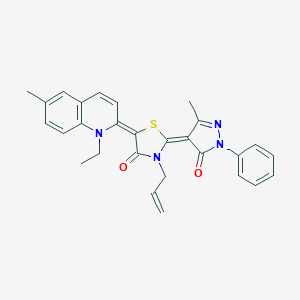 molecular formula C28H26N4O2S B413910 3-Allyl-5-(1-ethyl-6-methyl-1H-quinolin-2-ylidene)-2-(3-methyl-5-oxo-1-phenyl-1,5-dihydro-pyrazol-4-ylidene)-thiazolidin-4-one 