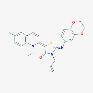 molecular formula C26H25N3O3S B413914 3-allyl-2-(2,3-dihydro-1,4-benzodioxin-6-ylimino)-5-(1-ethyl-6-methyl-2(1H)-quinolinylidene)-1,3-thiazolidin-4-one 