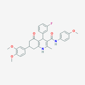 molecular formula C32H31FN2O5 B4139914 7-(3,4-dimethoxyphenyl)-4-(3-fluorophenyl)-N-(4-methoxyphenyl)-2-methyl-5-oxo-1,4,5,6,7,8-hexahydro-3-quinolinecarboxamide 