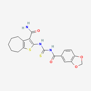 molecular formula C19H19N3O4S2 B4140480 N-({[3-(aminocarbonyl)-5,6,7,8-tetrahydro-4H-cyclohepta[b]thien-2-yl]amino}carbonothioyl)-1,3-benzodioxole-5-carboxamide 