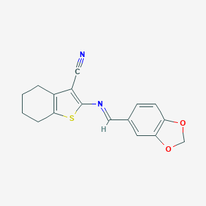 molecular formula C17H14N2O2S B414070 2-[(1,3-Benzodioxol-5-ylmethylene)amino]-4,5,6,7-tetrahydro-1-benzothiophene-3-carbonitrile CAS No. 1340483-67-1