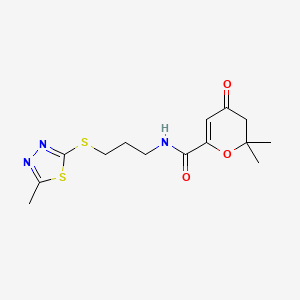 molecular formula C14H19N3O3S2 B4140775 2,2-dimethyl-N-{3-[(5-methyl-1,3,4-thiadiazol-2-yl)thio]propyl}-4-oxo-3,4-dihydro-2H-pyran-6-carboxamide 