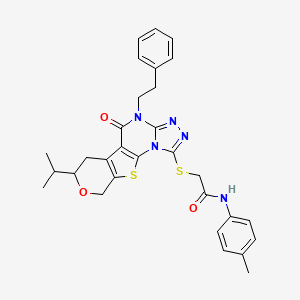 molecular formula C30H31N5O3S2 B4140895 2-{[7-isopropyl-5-oxo-4-(2-phenylethyl)-4,5,6,9-tetrahydro-7H-pyrano[4',3':4,5]thieno[3,2-e][1,2,4]triazolo[4,3-a]pyrimidin-1-yl]thio}-N-(4-methylphenyl)acetamide 