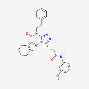 molecular formula C28H27N5O3S2 B4140932 N-(3-methoxyphenyl)-2-{[5-oxo-4-(2-phenylethyl)-4,5,6,7,8,9-hexahydro[1]benzothieno[3,2-e][1,2,4]triazolo[4,3-a]pyrimidin-1-yl]thio}acetamide 