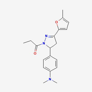 molecular formula C19H23N3O2 B4141168 N,N-dimethyl-4-[3-(5-methyl-2-furyl)-1-propionyl-4,5-dihydro-1H-pyrazol-5-yl]aniline 