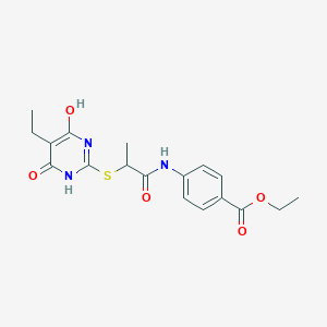 molecular formula C18H21N3O5S B4141225 ethyl 4-({2-[(5-ethyl-4-hydroxy-6-oxo-1,6-dihydro-2-pyrimidinyl)thio]propanoyl}amino)benzoate 