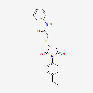 molecular formula C20H20N2O3S B4141371 2-{[1-(4-ethylphenyl)-2,5-dioxo-3-pyrrolidinyl]thio}-N-phenylacetamide 