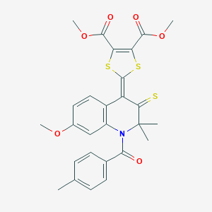 molecular formula C27H25NO6S3 B414143 dimethyl 2-(7-methoxy-2,2-dimethyl-1-(4-methylbenzoyl)-3-thioxo-2,3-dihydro-4(1H)-quinolinylidene)-1,3-dithiole-4,5-dicarboxylate 