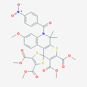 molecular formula C32H28N2O12S3 B414144 Tetramethyl 8'-methoxy-5',5'-dimethyl-6'-[(4-nitrophenyl)carbonyl]-5',6'-dihydrospiro[1,3-dithiole-2,1'-thiopyrano[2,3-c]quinoline]-2',3',4,5-tetracarboxylate 