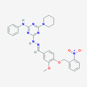 molecular formula C29H30N8O4 B414164 4-({2-Nitrobenzyl}oxy)-3-methoxybenzaldehyde [4-anilino-6-(1-piperidinyl)-1,3,5-triazin-2-yl]hydrazone 