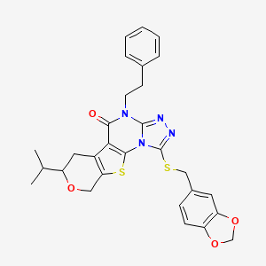 molecular formula C29H28N4O4S2 B4141651 1-[(1,3-benzodioxol-5-ylmethyl)thio]-7-isopropyl-4-(2-phenylethyl)-6,9-dihydro-7H-pyrano[4',3':4,5]thieno[3,2-e][1,2,4]triazolo[4,3-a]pyrimidin-5(4H)-one 