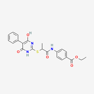 molecular formula C22H21N3O5S B4142031 ethyl 4-({2-[(4-hydroxy-6-oxo-5-phenyl-1,6-dihydro-2-pyrimidinyl)thio]propanoyl}amino)benzoate 