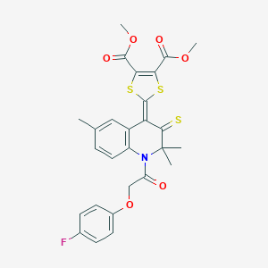 molecular formula C27H24FNO6S3 B414211 dimethyl 2-(1-[(4-fluorophenoxy)acetyl]-2,2,6-trimethyl-3-thioxo-2,3-dihydro-4(1H)-quinolinylidene)-1,3-dithiole-4,5-dicarboxylate 