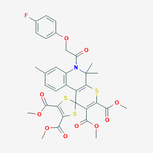 molecular formula C33H30FNO10S3 B414212 Tetramethyl 6'-[(4-fluorophenoxy)acetyl]-5',5',8'-trimethyl-5',6'-dihydrospiro[1,3-dithiole-2,1'-thiopyrano[2,3-c]quinoline]-2',3',4,5-tetracarboxylate 