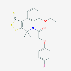 molecular formula C22H20FNO3S3 B414218 6-ethoxy-5-[(4-fluorophenoxy)acetyl]-4,4-dimethyl-4,5-dihydro-1H-[1,2]dithiolo[3,4-c]quinoline-1-thione 