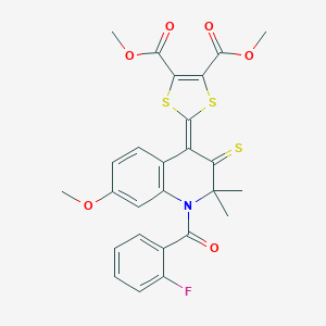 molecular formula C26H22FNO6S3 B414253 dimethyl 2-(1-(2-fluorobenzoyl)-7-methoxy-2,2-dimethyl-3-thioxo-2,3-dihydro-4(1H)-quinolinylidene)-1,3-dithiole-4,5-dicarboxylate 